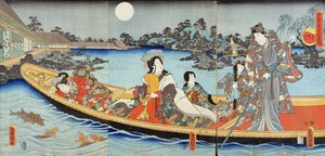 Tríptico retratando um príncipe, princesa e damas da corte navegando em uma lagoa do jardim sob a lua cheia em junho, provavelmente do "Conto de Genji", de 1849 a 1850 (impressão em xilogravura a cores)